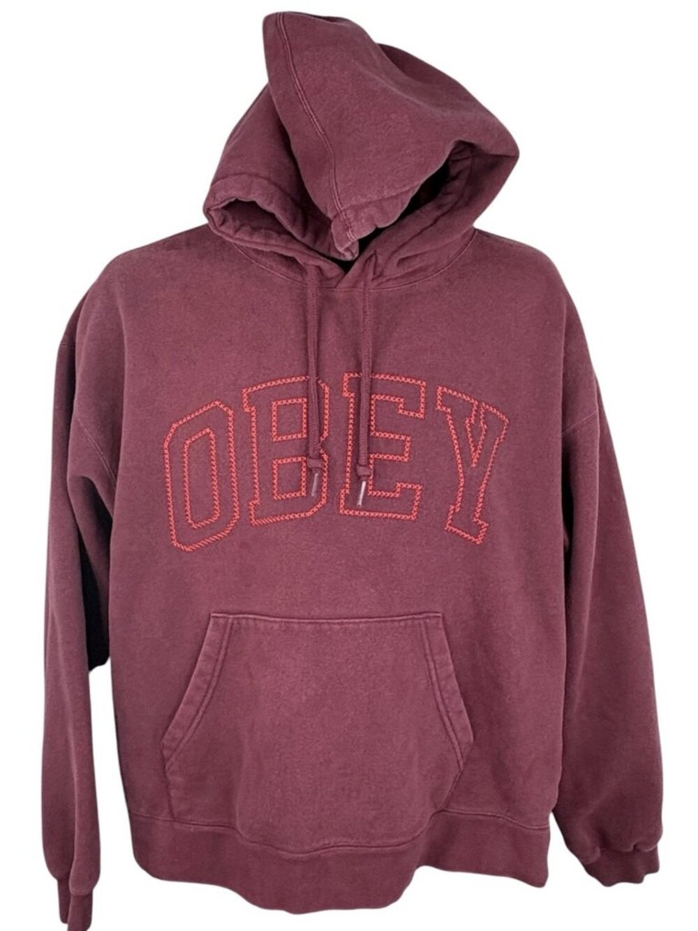 Obey Cross Stitch Collegiate Hoodie Sweatshirt Maroon Unisex Women’s L Men’s S
